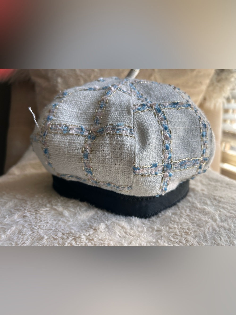 Woven Tweed Women’s Newsboy Cap in Cream with Blue Accents